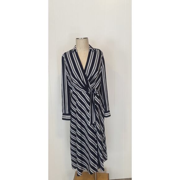 Lauren Ralph Lauren Dress Womens 10 Striped Wrap Tie Shirt Midi Career Workwear - Picture 1 of 7